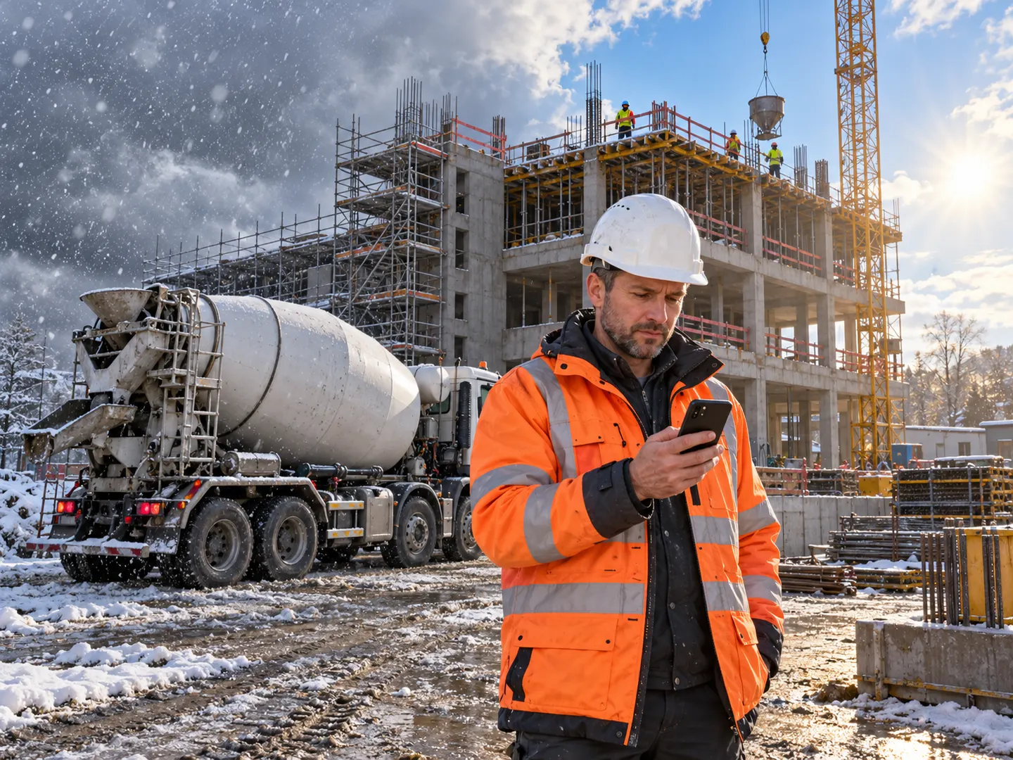 Bauleiter mit Smartphone auf der Baustelle, dahinter ein Betonmischer und ein deutlicher Wetterwechsel zwischen Schneefall und Sonnenschein