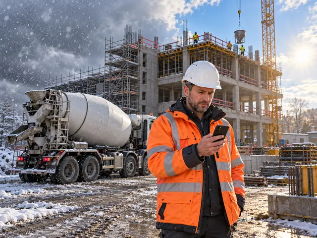 Bauleiter mit Smartphone auf der Baustelle, dahinter ein Betonmischer und ein deutlicher Wetterwechsel zwischen Schneefall und Sonnenschein