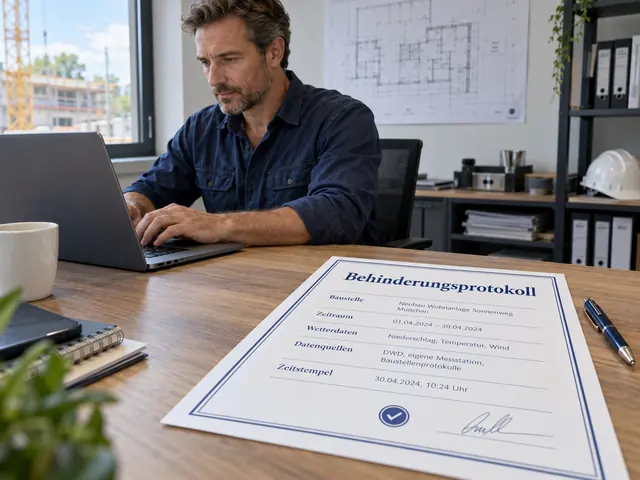 Bauunternehmer am Laptop im Büro, vorne auf dem Schreibtisch ein ausgedrucktes Behinderungsprotokoll mit Baustelle, Zeitraum, Wetterdaten und Zeitstempel