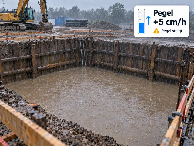 Baugrube mit Verbau im strömenden Regen, am Grund sammelt sich Wasser, eingeblendet die Pegelanzeige: plus 5 cm pro Stunde, Pegel steigt